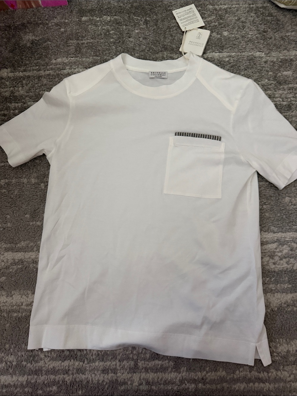 Brunello Cucinelli White Short-Sleeve Pocket Tee with Subtle Trim